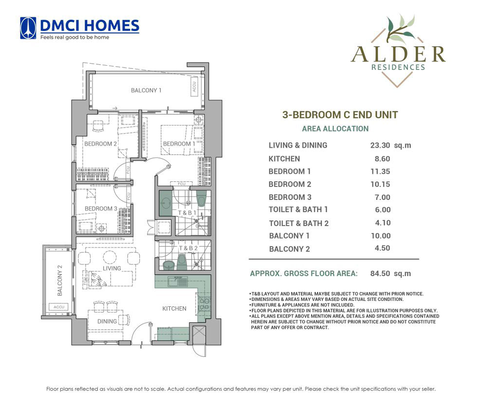 Alder Residences 3-Bedroom 84.5 sqm floor plan