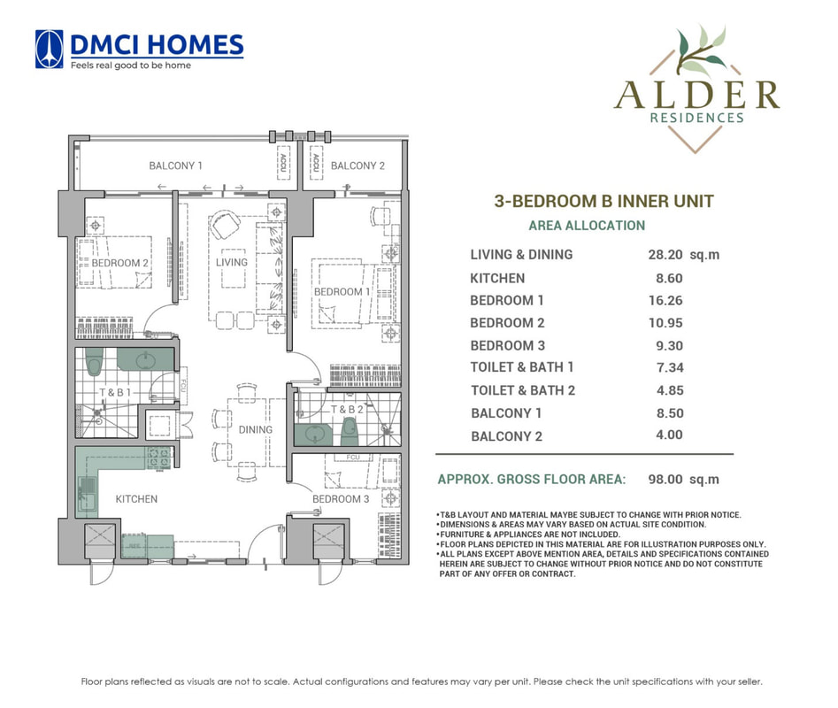 Alder Residences 3-Bedroom 98 sqm floor plan