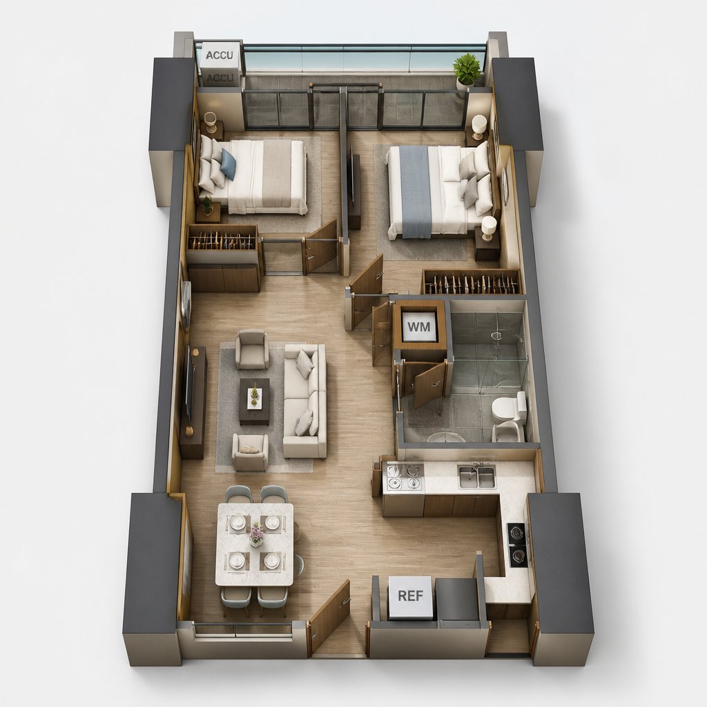 The Valeron Tower 2-Bedroom Unit 3D floor plan — 65 sqm