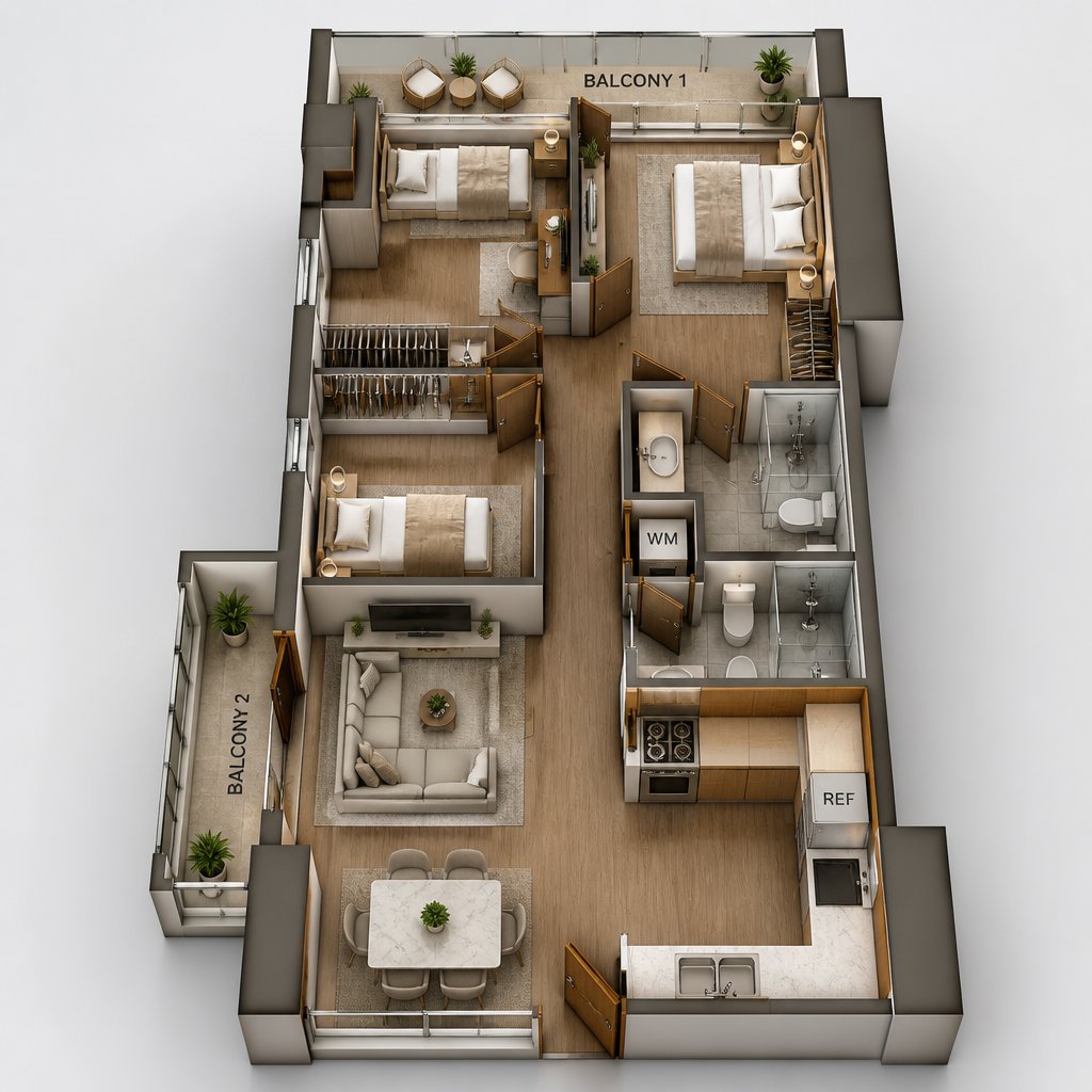 The Valeron Tower 3-Bedroom Signature Suite 3D floor plan — 82 sqm